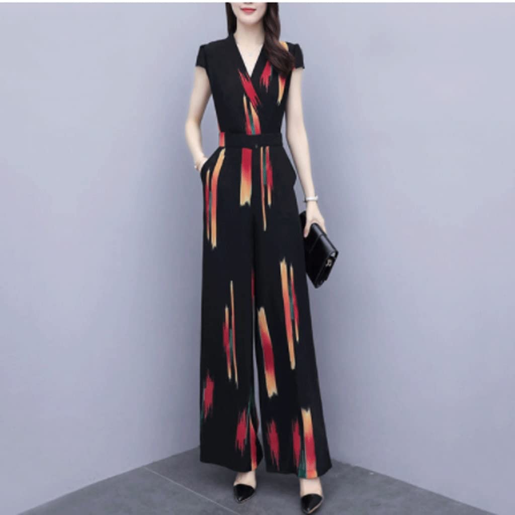 WALNUTA Women's Slim Jumpsuit - Summer Print Chiffon Short Sleeve Romper with High Waist & Wide Leg Pants | Chic Office Wear & Casual Outfits for Women | Perfect for Work, Parties & Summer Vacations
