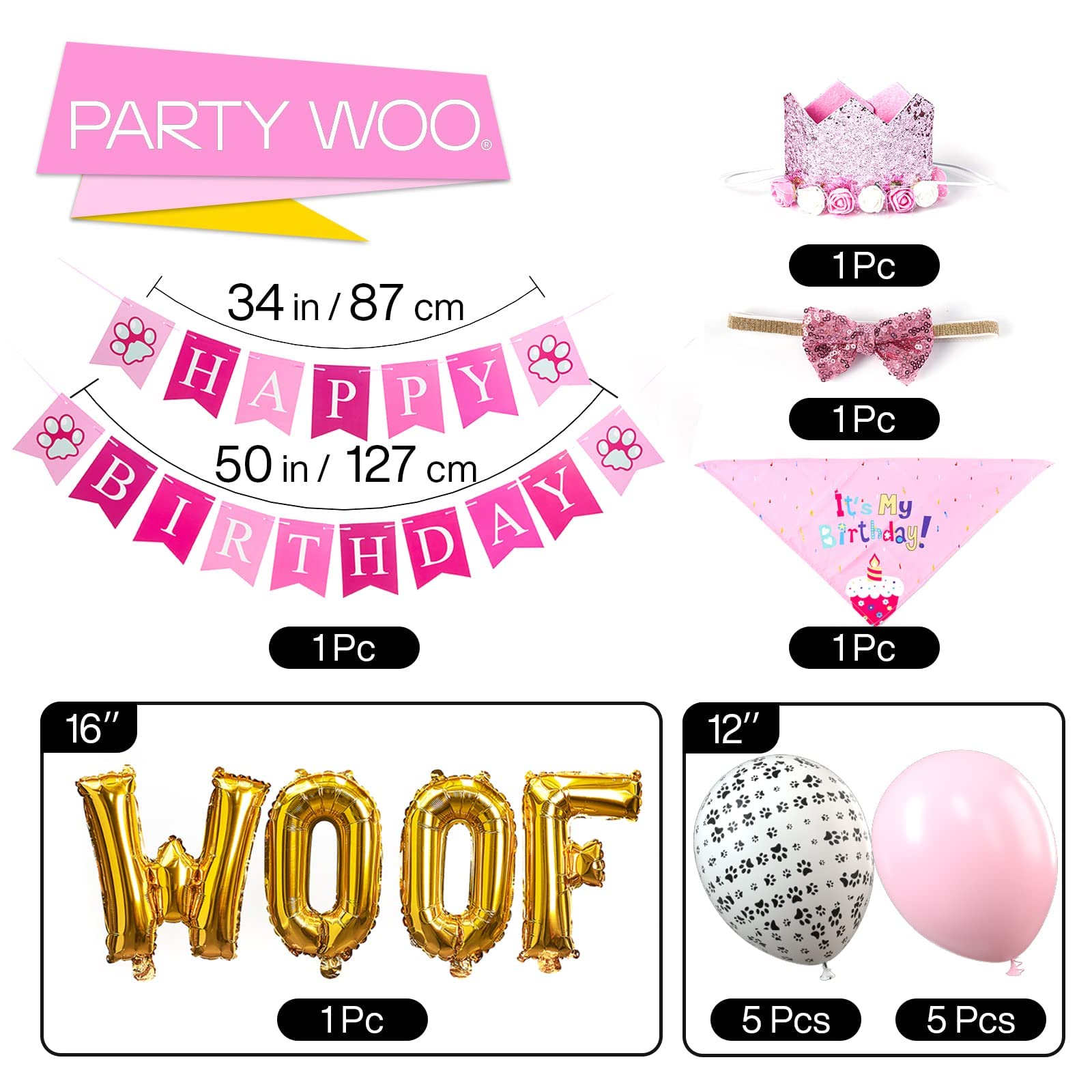 PartyWoo Dog Birthday Party Supplies Set - 15pcs Pink Dog Party Decorations Including Birthday Bandana, Hat, Banner & Balloons for Small & Medium Dogs | Perfect for Pet Birthday Celebrations, Puppy Parties & Dog-Themed Events