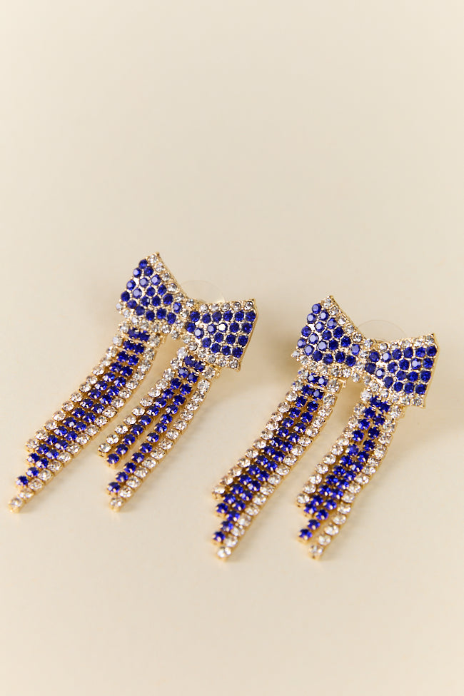 Blue Crystal Fringe Bow Earrings for Women - Elegant Dangle Drop Earrings for Party, Wedding & Special Occasions - FINAL SALE