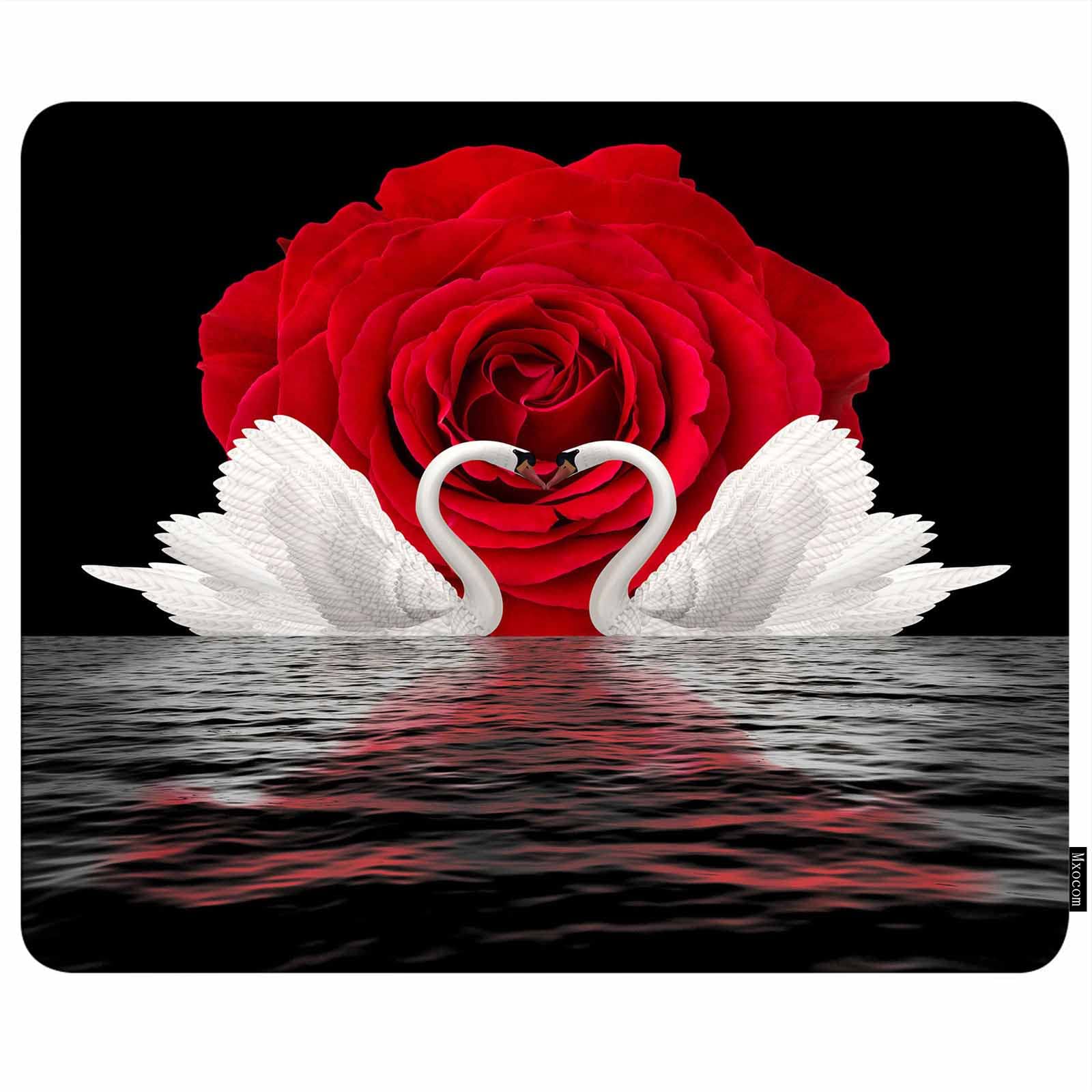 MXOCOM White Swan Mouse Pad with Rose Flower & Lake Ripple Design - Heart Shaped Non-Slip Rubber Mousepad (9.5x7.9 Inch) for Computer & Laptop - Perfect for Valentine's Day Gift, Office Decor & Gaming Setup
