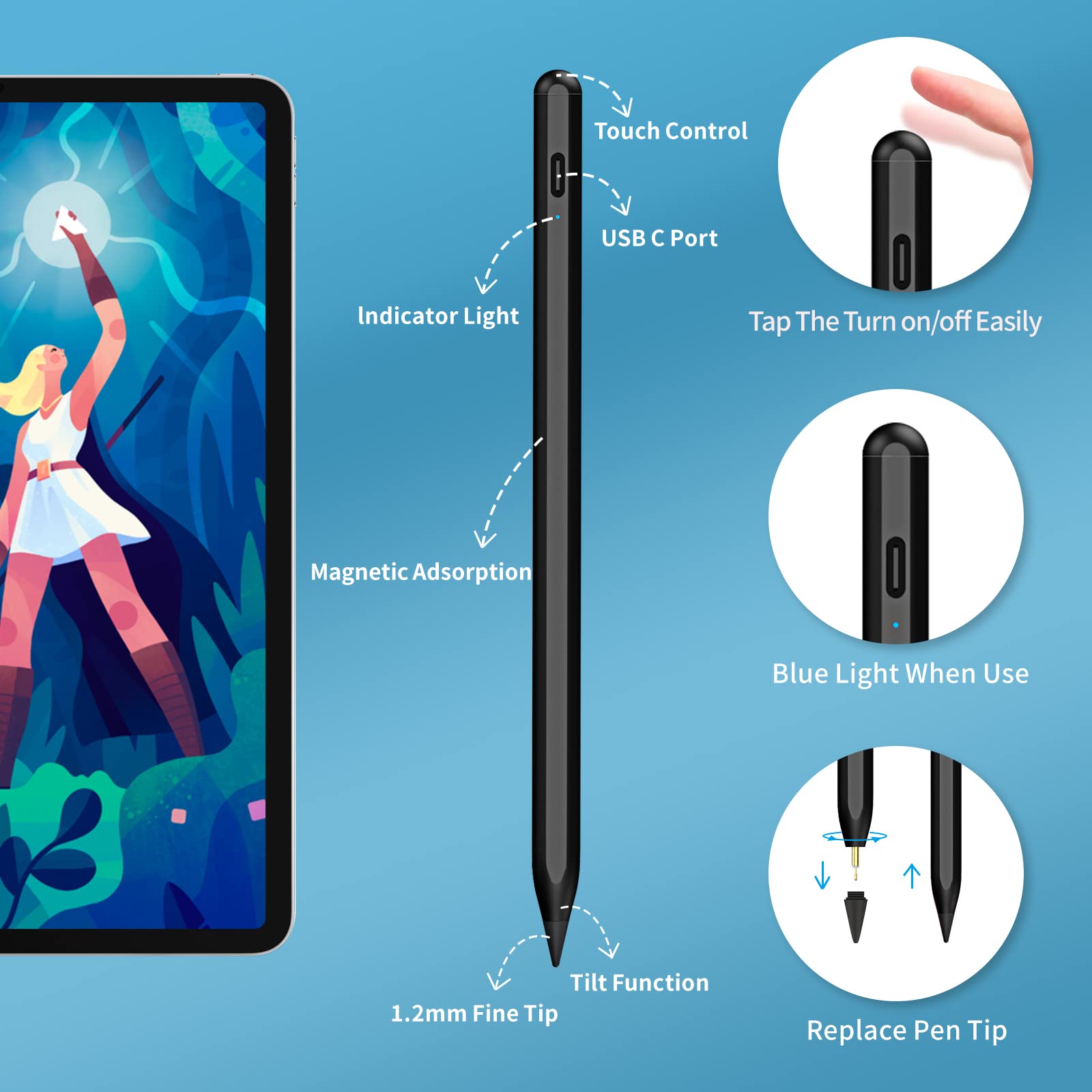 Fast Charging Stylus Pen for iPad 9th & 10th Generation - Compatible with Apple iPad Pro 11/12.9 Inch, iPad 6-10 Gen, iPad Mini 5-6, iPad Air 3-5 - Digital Pencil for Drawing, Note Taking & Professional Design - Black