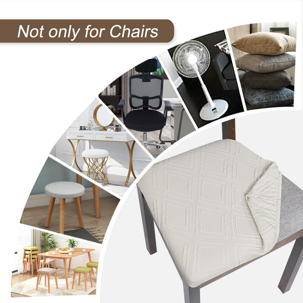 Waterproof Stretch Dining Chair Covers 6-Pack - Jacquard Fabric Seat Protectors for Kitchen & Dining Room Chairs (Beige Diamond Pattern) - Spill Protection & Stylish Home Decor