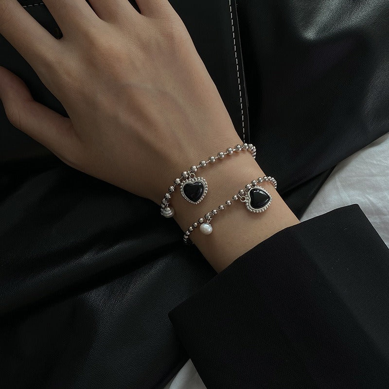 Silver Bead Black Puffed Heart Bracelets for Women - Trendy Adjustable Charm Bangle for Valentine's Day, Anniversary, Party & Everyday Wear | HB585