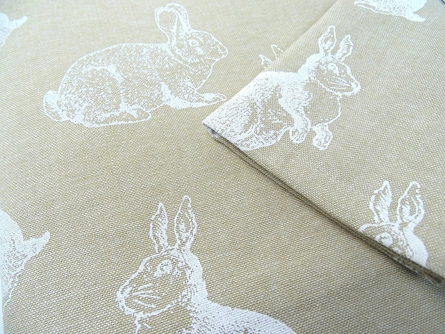 Easter Bunny Cotton Tablecloth Set - 102 x 60 Inch Table Cover & 8 Matching Napkins - Natural Woven Fabric with White Rabbit Print - Perfect for Easter Brunch, Spring Parties & Holiday Dining Decor