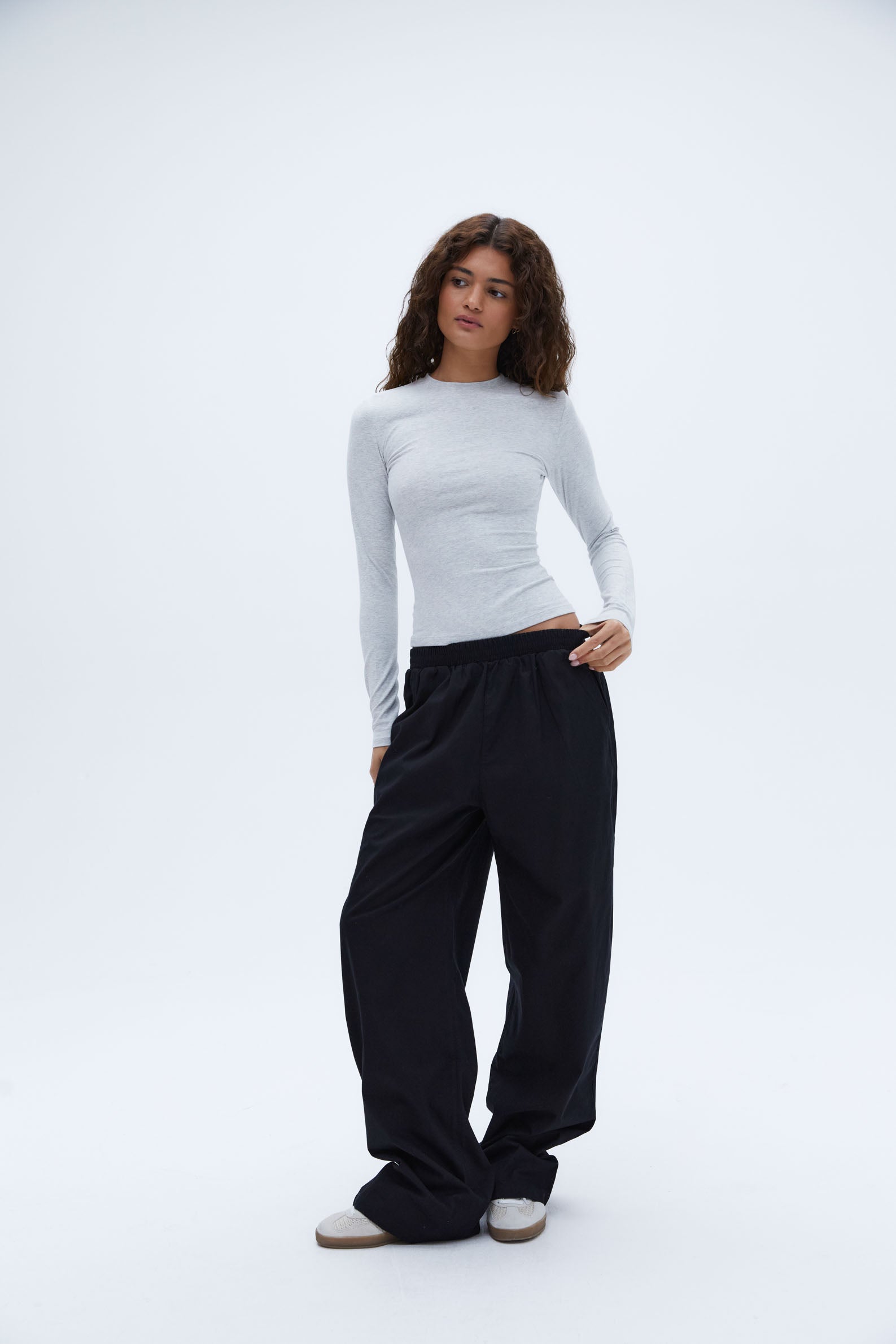Premium Cotton Long Sleeve T-Shirt for Women - Soft Grey Melange Crewneck Top - Casual Wear, Layering & Everyday Comfort
