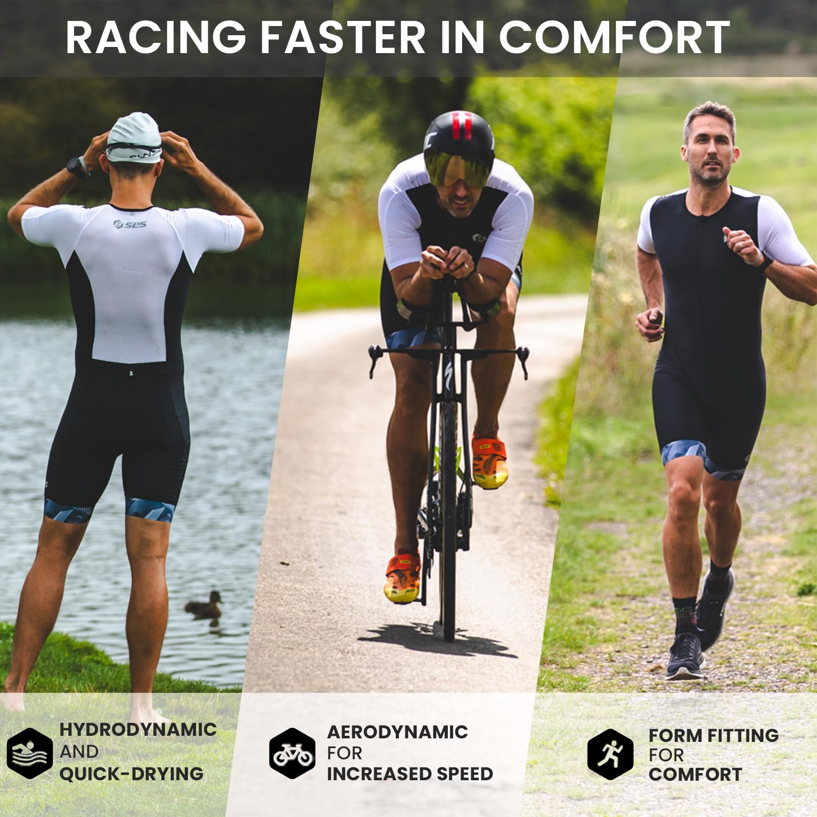 **Men's Triathlon Suit - Aerodynamic Sleeved Tri Suit for Men - PRO FX Premium Fabric - Lightweight Triathlon Gear with 2 Pockets (Black/Blue Geo, Large) - Ideal for Ironman, Sprint & Olympic Triathlons**