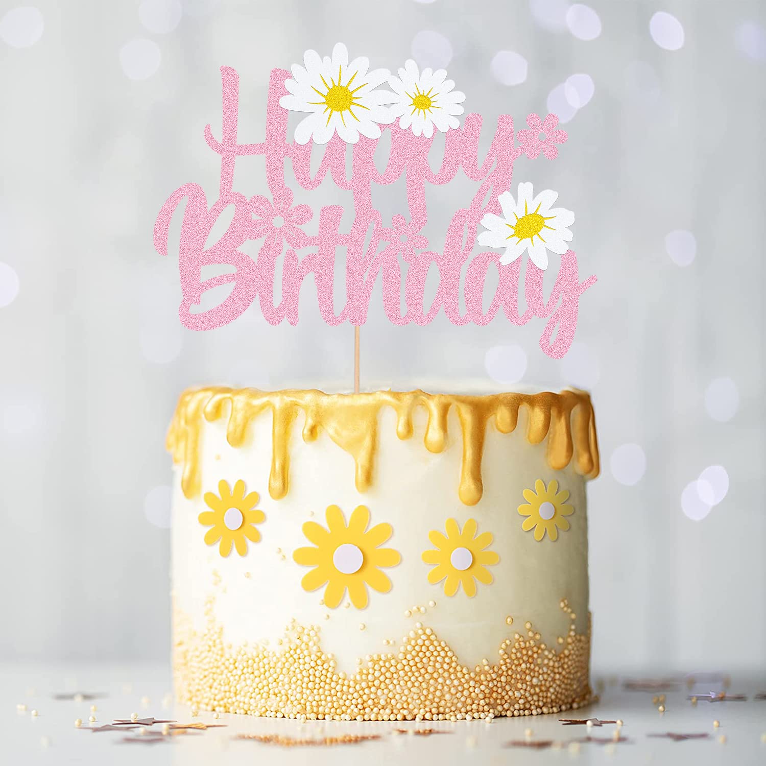 Pink Daisy Flower Cake Topper - Summer Chrysanthemum Birthday Party Decorations for Kids, White Daisy Theme Party Supplies | Perfect for Birthday Cakes, Baby Showers & Summer Celebrations