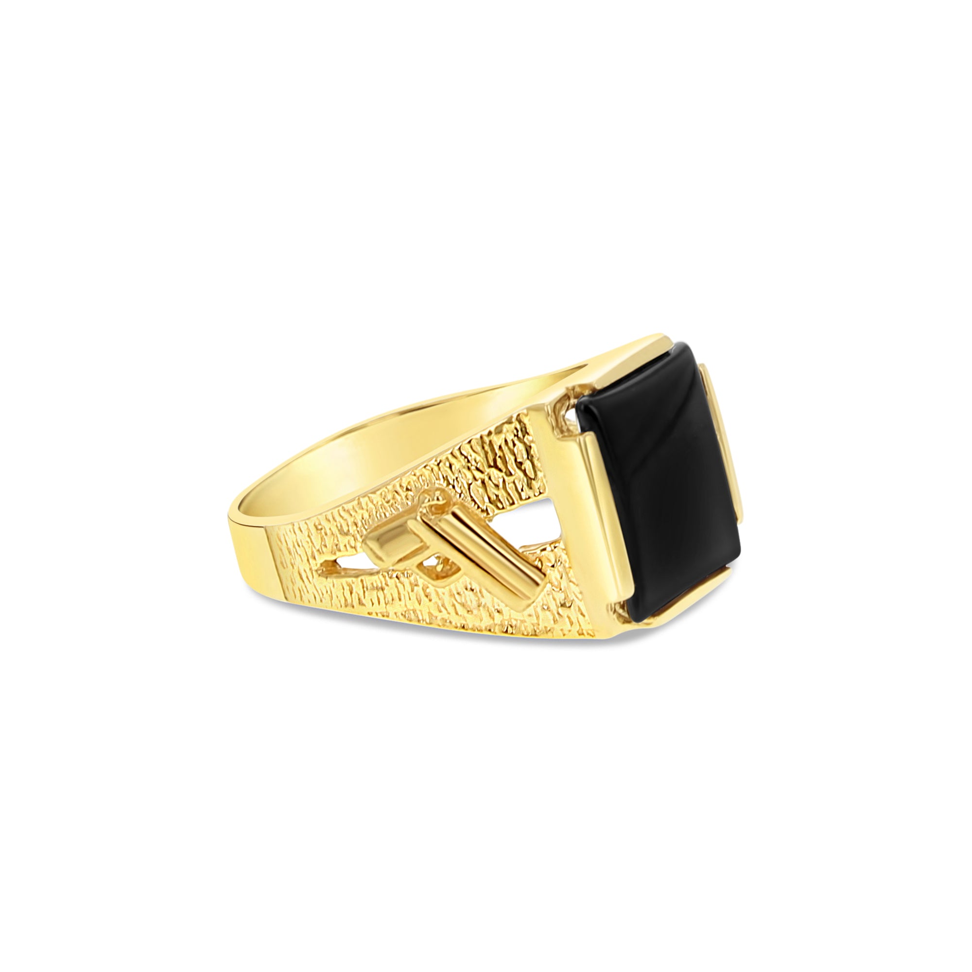 14K Yellow Gold Men's Square Onyx Ring with Gun Design - Stylish Statement Jewelry for Gifts, Weddings & Everyday Wear