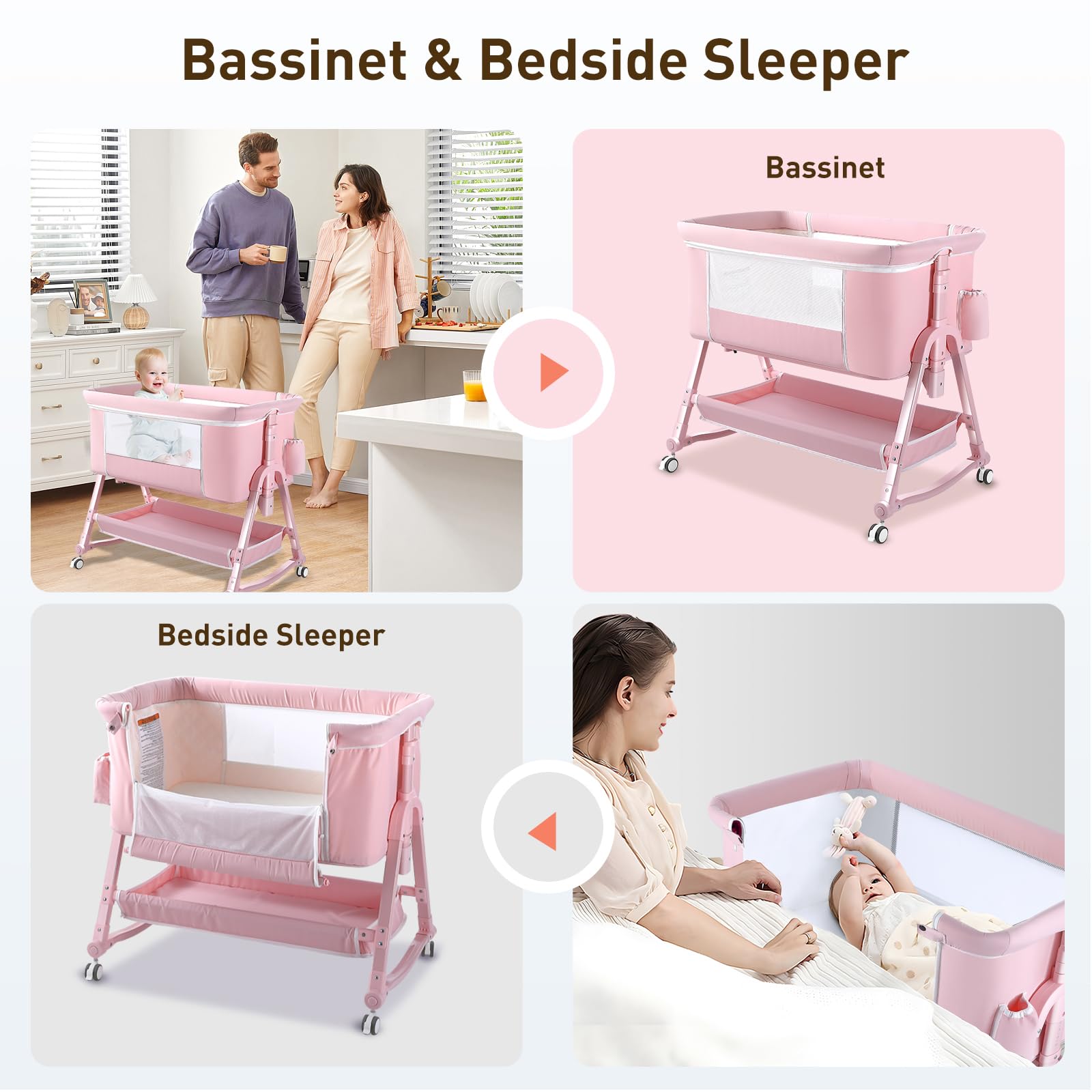 4-in-1 Portable Baby Bassinet with Wheels & Changing Station - Foldable Travel Crib with Mattress & Storage for Newborns & Infants (Pink) | Perfect for Nursery, Bedside Sleeping & On-the-Go Parents