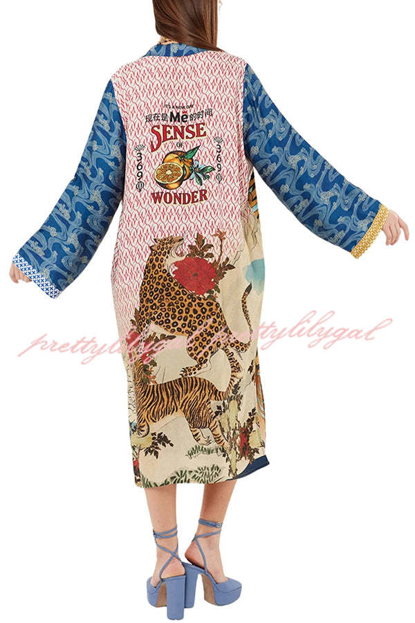 Exotic Tropical Jungle Tiger Print Long Sleeve Belted Kimono Coat with Pockets - Boho Chic Outerwear for Women, Perfect for Beach Cover-ups, Music Festivals & Casual Loungewear
