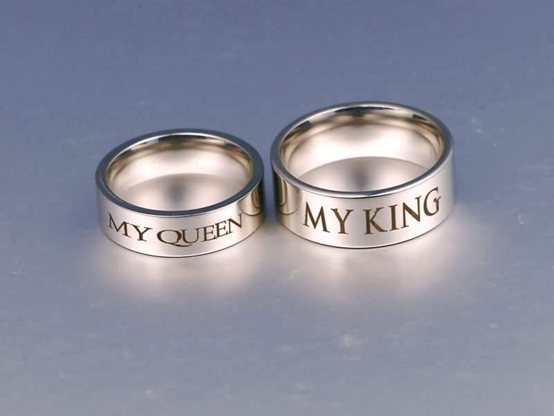 Stainless Steel Wedding Rings for Men & Women - Engraved 'My Queen & My King' Silver Couple Bands, Sizes 6-12 - Perfect for Valentine's Day, Anniversaries & Romantic Gifts