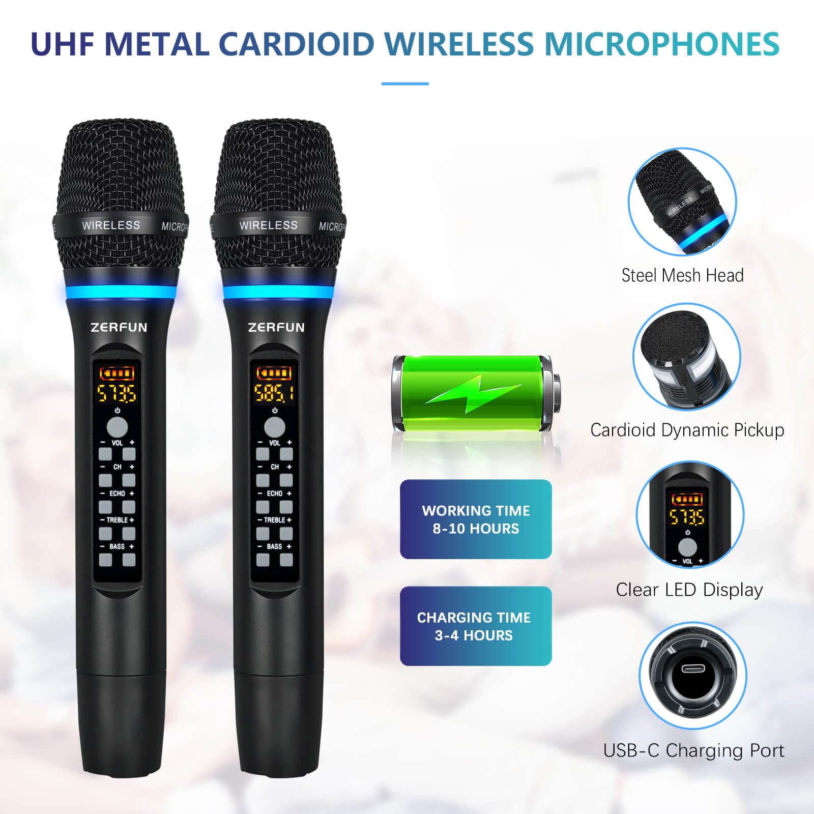 Professional UHF Dual Wireless Microphone System - Rechargeable Cordless Mic with VOL, Channel, Echo, Treble & Bass Control, 1/4