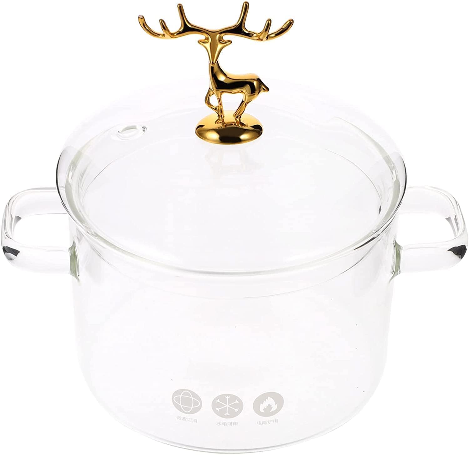 1.4L/44oz Borosilicate Glass Cooking Pot with Deer Lid - Heat Resistant Stovetop Saucepan, Stock Pot & Simmer Pot for Christmas Gifts, Soups, Stews & Holiday Cooking | Clear Glass Cookware for Kitchen & Dining