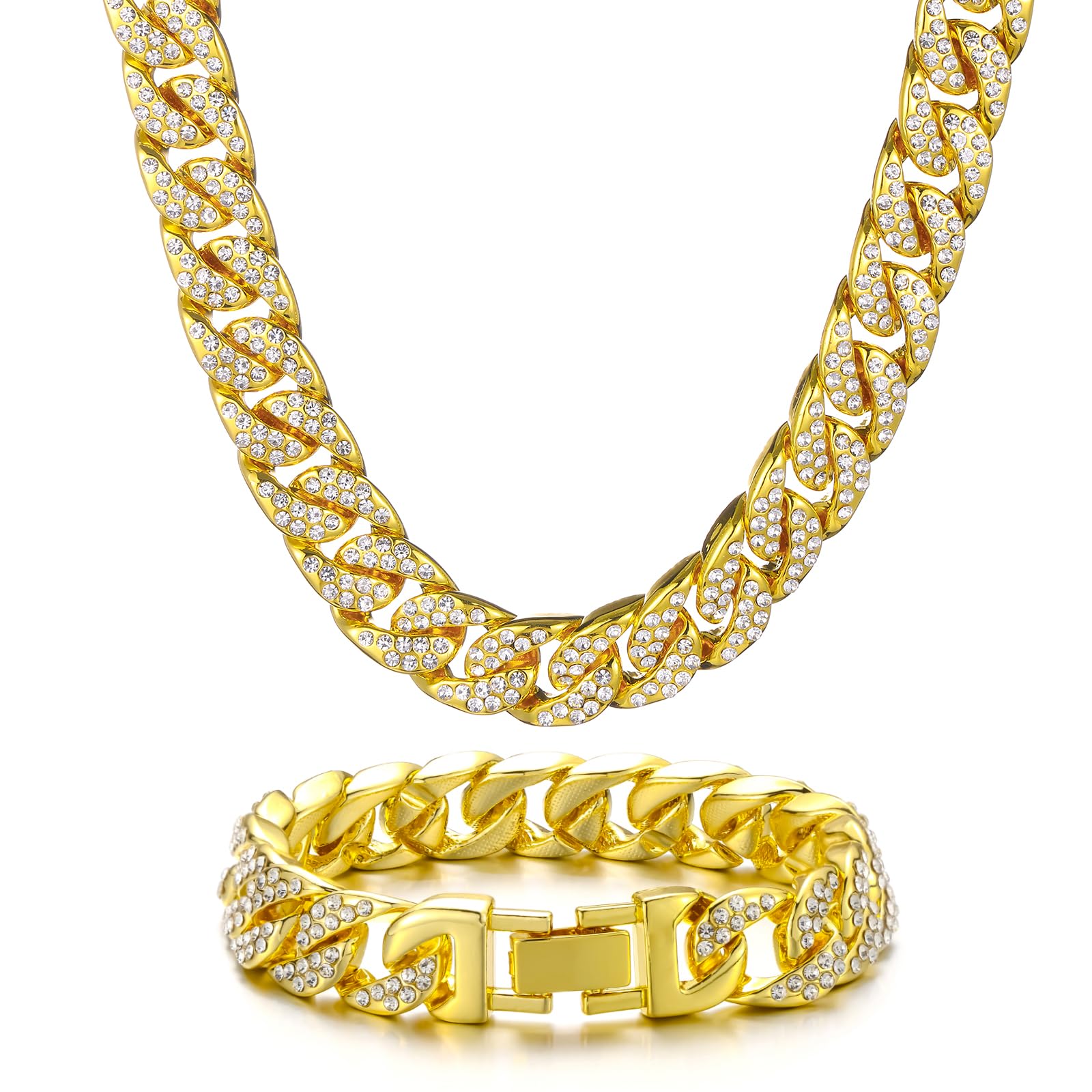 Saintda Cuban Link Chain & Bracelet Set for Men & Women | Iced Out Diamond Hip Hop Jewelry | Gift for Boys, Rappers & Fashion Lovers | Perfect for Parties, Concerts & Streetwear Outfits