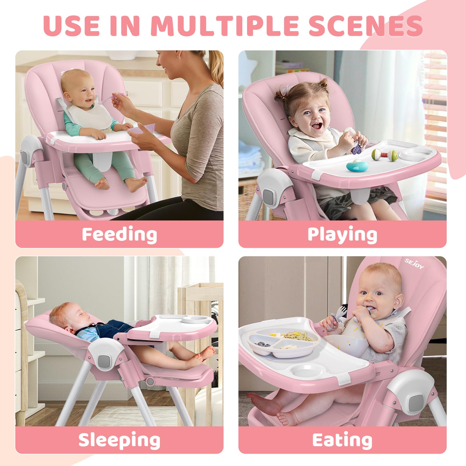 **Baby High Chair with 4 Wheels for Infants & Toddlers (6 Months-6 Years) – Adjustable Height, Removable Dishwasher-Safe Tray, 110 LBS Weight Limit – Perfect for Dining, Feeding & Playtime (Pink)**