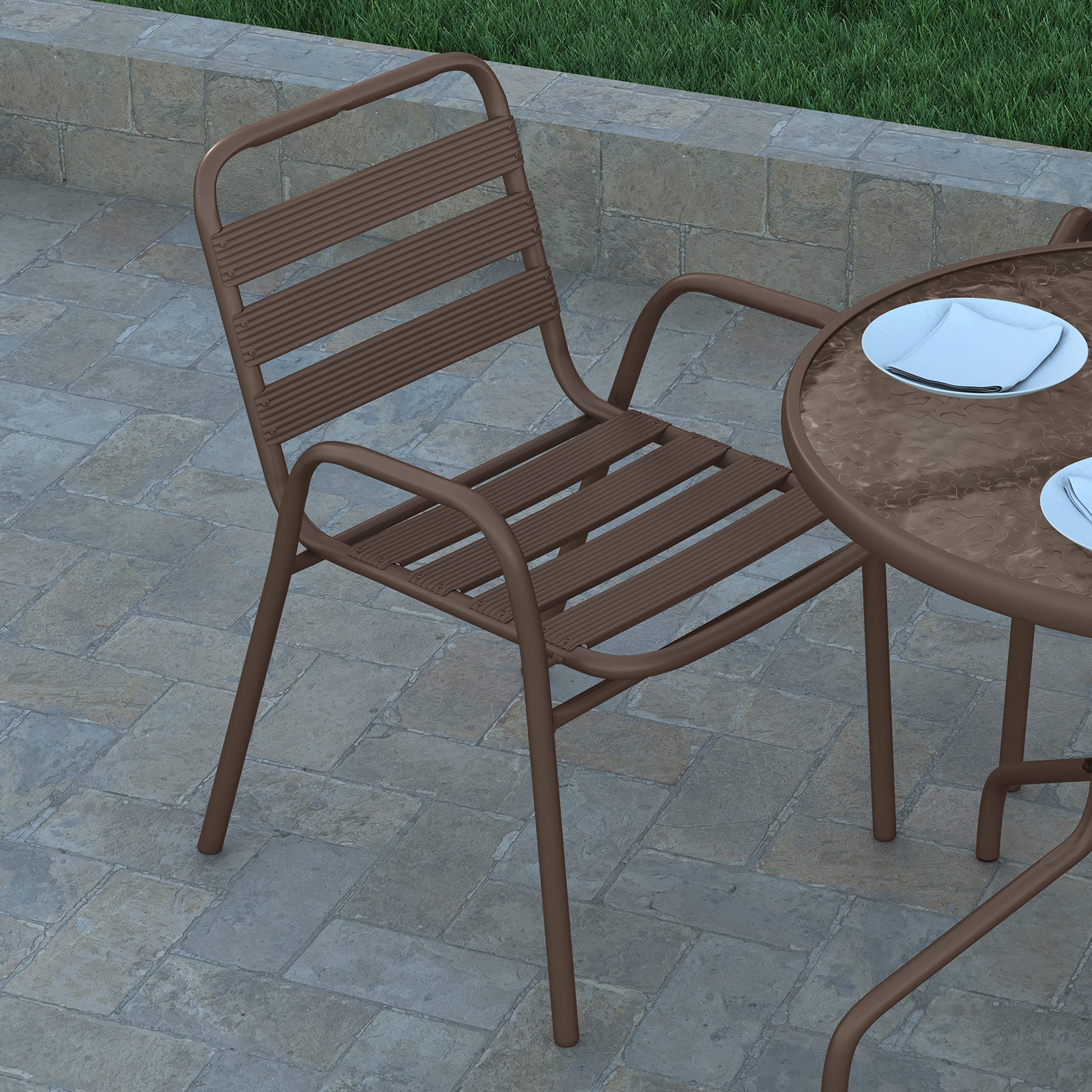 EMMA + OLIVER Rhea Metal Dining Chair - Bronze Frame Finish - Slatted Back Design - Indoor Outdoor Patio Dining Chairs for Kitchen, Restaurant, Cafe & Garden Use