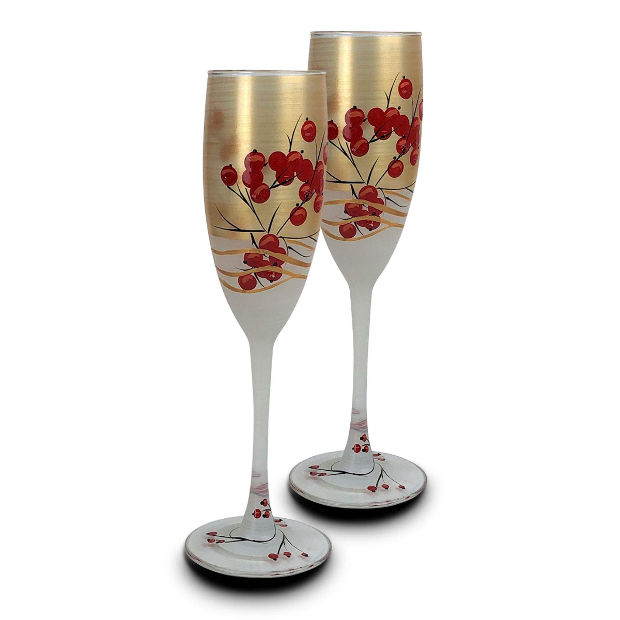 Set of 2 Hand-Painted Berries & Branches Champagne Flutes - 5.75 Oz Elegant Glassware for Wedding Toasts & Romantic Dinners