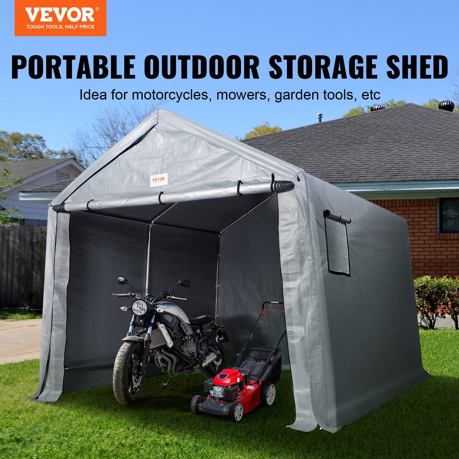 VEVOR 6x8x7 ft Heavy Duty Waterproof Portable Storage Shed Tent with Roll-up Zipper Door & Ventilated Windows - Outdoor Shelter for Motorcycle, Bike, Garden Tools, Lawn Equipment - Perfect for Backyard, Garage & Seasonal Storage