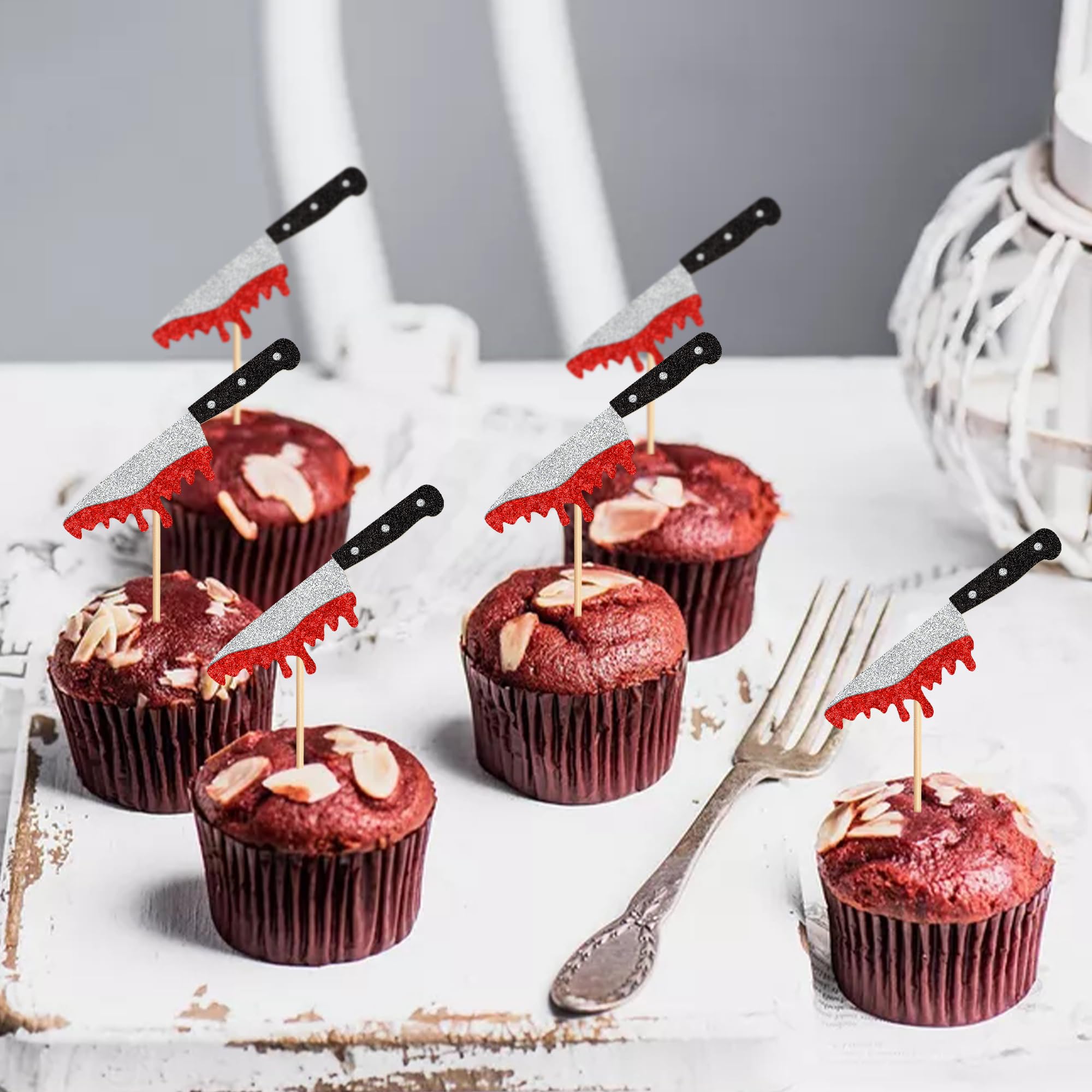 24 Pack Halloween Knife Cupcake Toppers - Glitter Bloody Horror Cake Picks for Halloween, Birthday & Baby Shower Party Decorations - Perfect for Spooky Themed Cakes, Cupcakes and Desserts