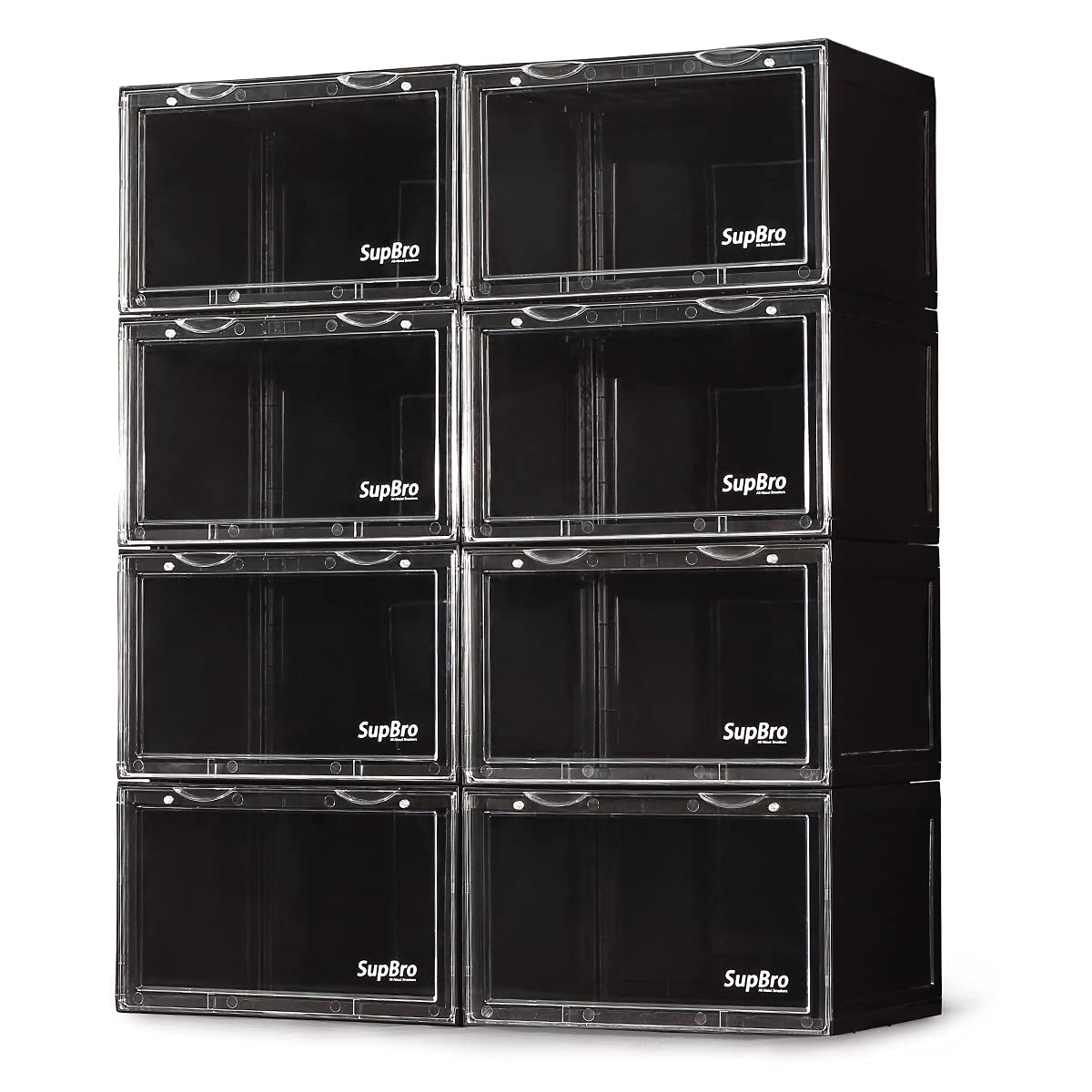 SupBro 8-Pack Black Foldable Stackable Shoe Storage Box with Clear Side Door - Plastic Sneaker Display Organizer for Easy Access & Space Saving - Perfect for Closet, Bedroom, or Sneaker Collection Organization