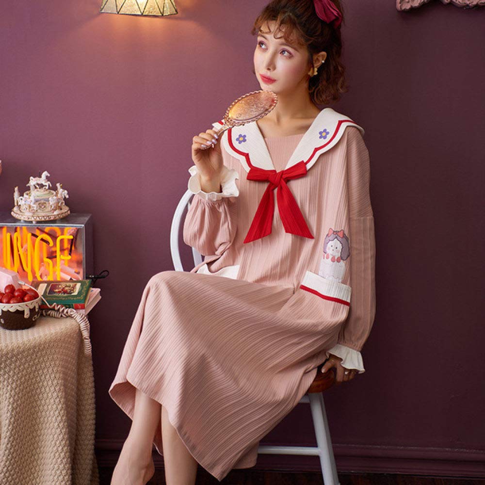 Women's Autumn Cotton Sleepwear Dress - Long Sleeve Collar Bow Nightgown, Plus Size Home Suit, Comfortable Nightdress (Z594) | Perfect for Cozy Evenings, Lounge Wear & Relaxing at Home