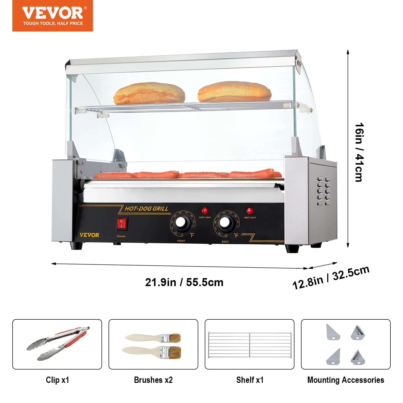 VEVOR Commercial Hot Dog Roller Machine - 7 Stainless Steel Rollers, 18 Hot Dogs Capacity, 1050W, Dual Temperature Control, Glass Hood & Acrylic Cover, Bun Warmer Shelf, Removable Oil Drip Tray - ETL Certified for Restaurants, Food Trucks & Concession Stands
