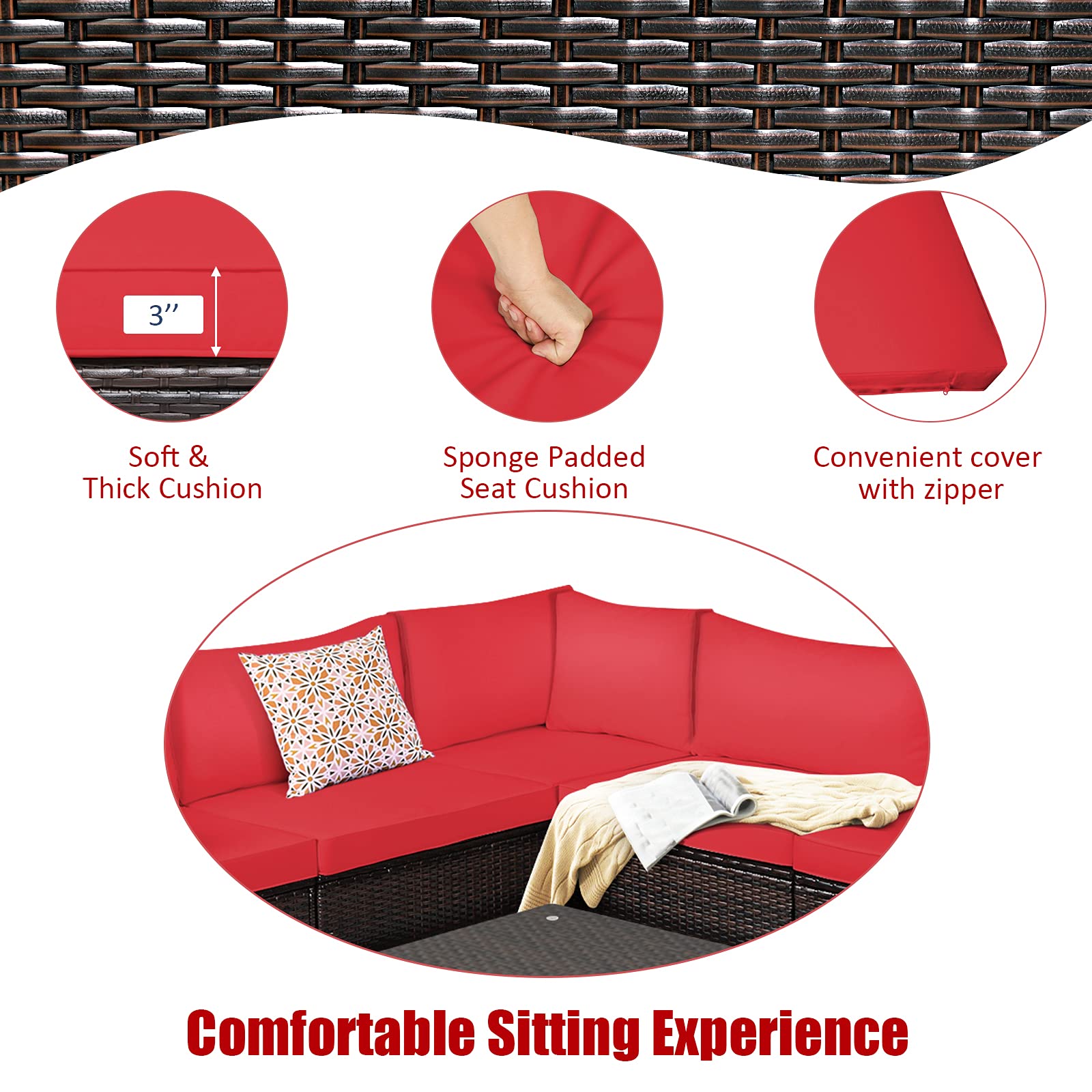 Tangkula 6-Piece Outdoor Patio Furniture Set - Rattan Wicker Sofa Sectional with Tempered Glass Coffee Table & Cushions - Red Conversation Set for Backyard, Garden, Balcony, Poolside - Perfect for Relaxing, Entertaining & Outdoor Gatherings