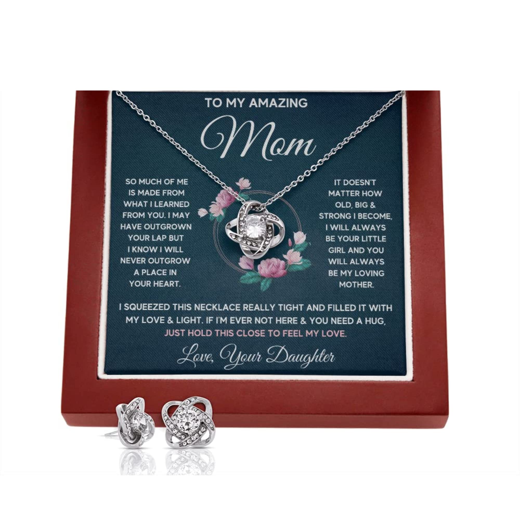 Mother Daughter Necklace Set - Sterling Silver Heart Pendant Jewelry Gift for Mom, Birthday, Christmas, Mother's Day - Includes LED Gift Box & Matching Earrings - Perfect for Anniversaries, Valentine's Day & Special Occasions