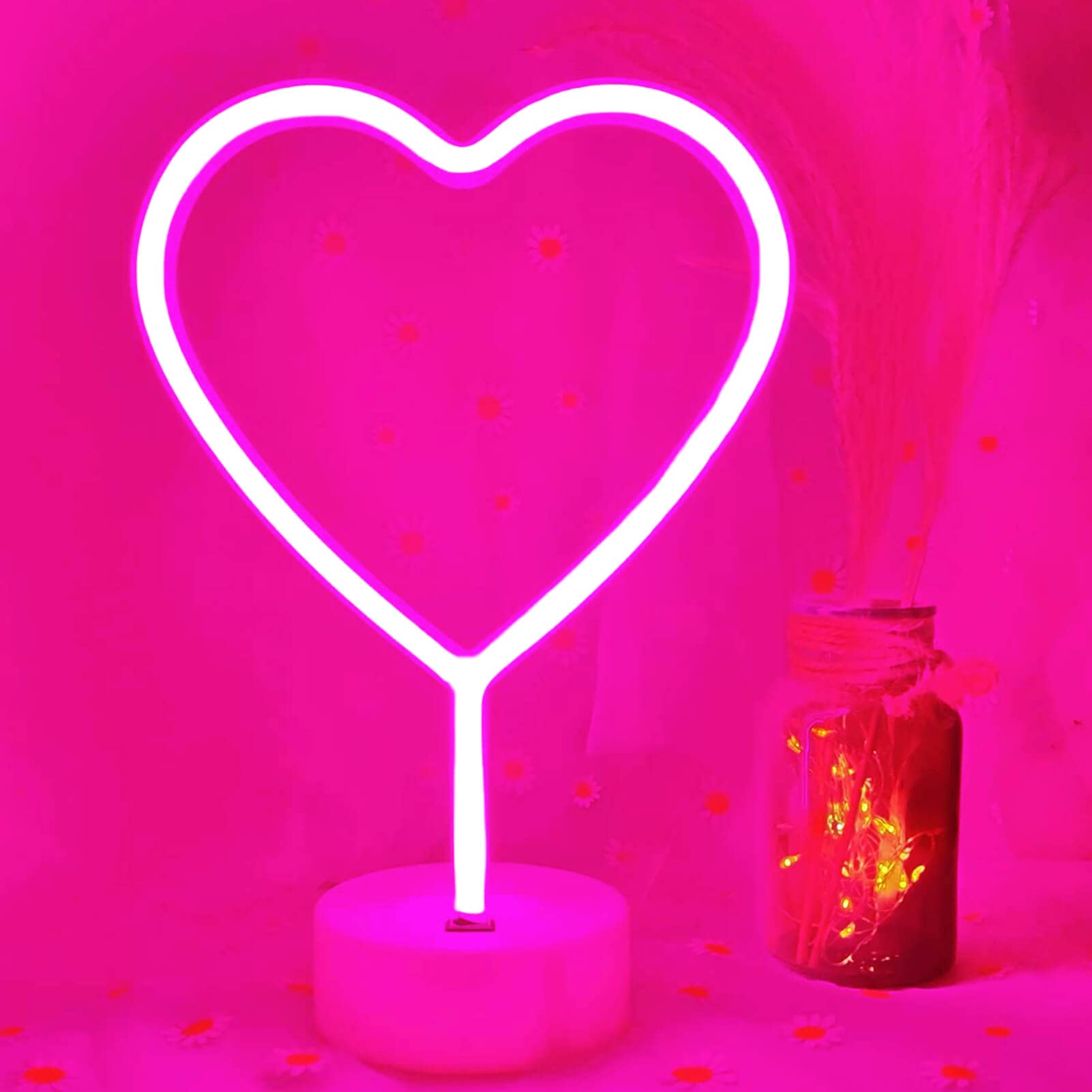 VIFULIN Pink Neon Heart LED Light with Base - USB & Battery Powered, Romantic Bedroom Decor for Valentine's Day, Anniversary, Wedding, Party & Home Decoration