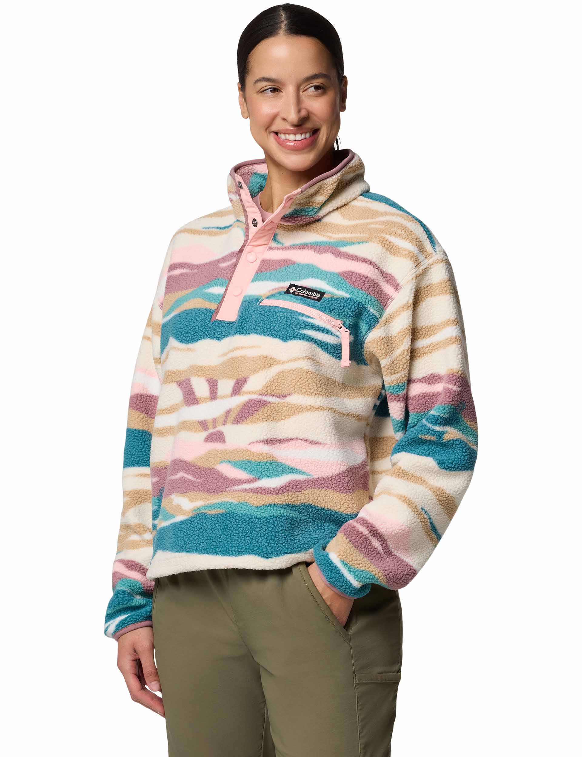 Helvetia II Cropped Sherpa Fleece Jacket - Half Snap Front, Printed Design in River Blue - Cozy Winter Outerwear for Women | Perfect for Hiking, Camping & Casual Outfits