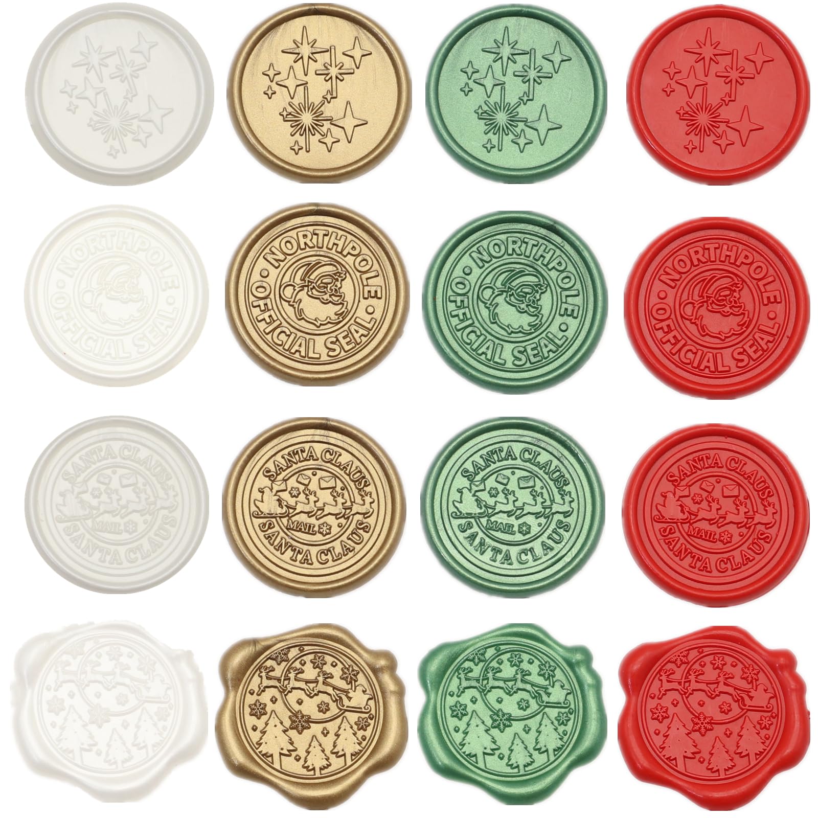 Premium Christmas Wax Seal Stickers - 50 Pcs Self-Adhesive Santa Claus Holiday Envelope Seals in Red, Green & Gold for Gift Wrapping, Wedding Invitations & Holiday Cards