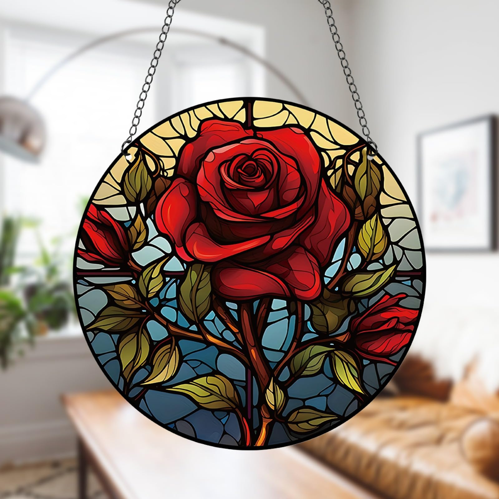 11.8 Inch Large Red Rose Flower Acrylic Window Hanging Decor - Stained Glass Panel with Green Leaves - Wall Art Mural Suncatcher for Bedroom, Living Room, Garden - Perfect Gift for Mom, Grandma, Teacher - Home Decor, Wedding, Housewarming Present