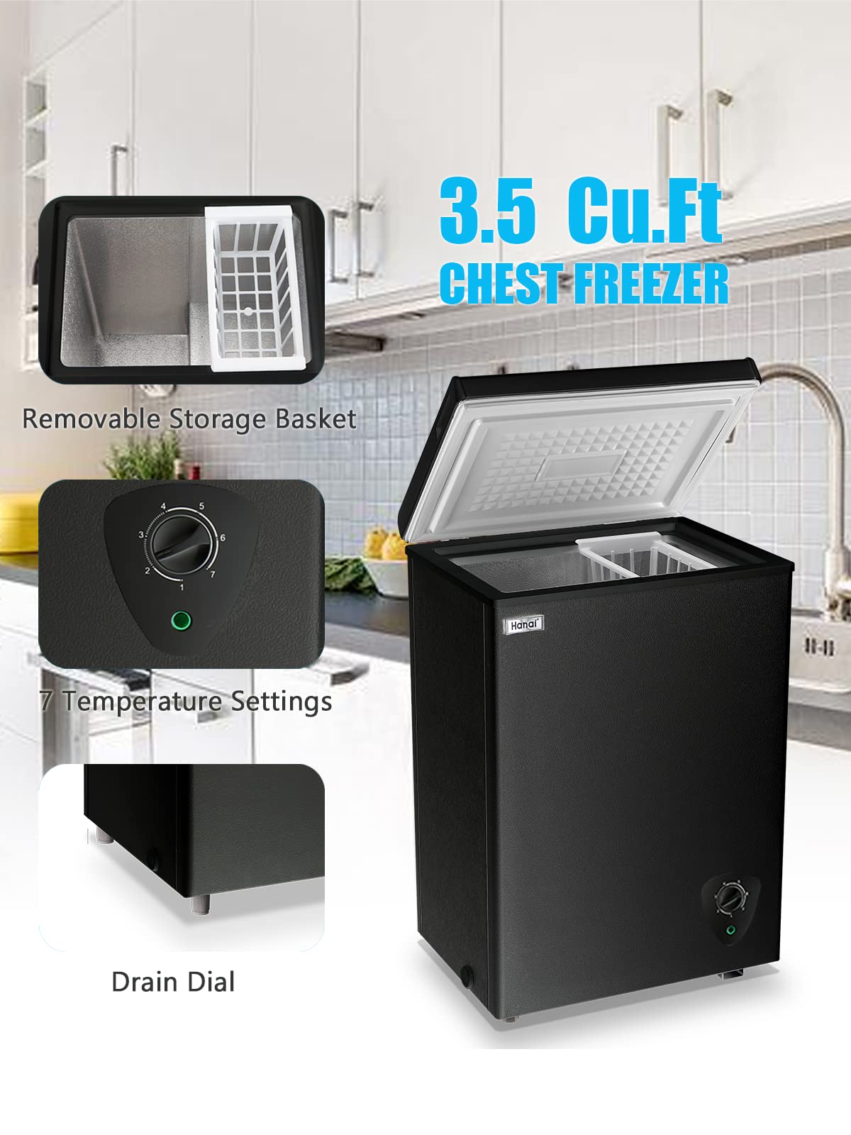 3.5 Cu.Ft Compact Chest Freezer - Energy Efficient Deep Freezer with Adjustable Thermostat & Removable Basket - Perfect for Apartments, Kitchens & Small Spaces - Black Free-Standing Top Door Design