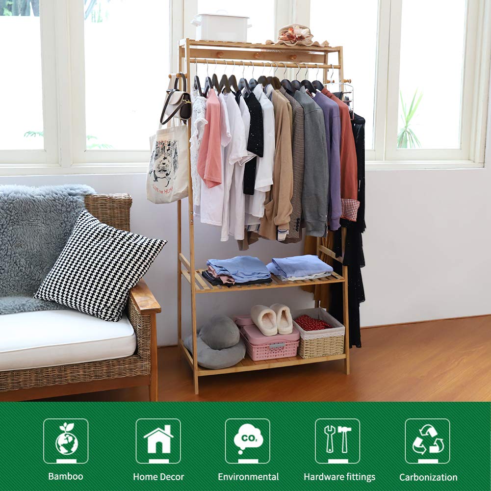 Wooden Floor Standing Clothes Rack - Open Wardrobe Bamboo Coat Hanger with Shoe Rack, Multifunctional Bedroom Clothing Organizer for Jackets, Dresses & Accessories - Perfect for Small Spaces, Dorm Rooms & Closet Organization