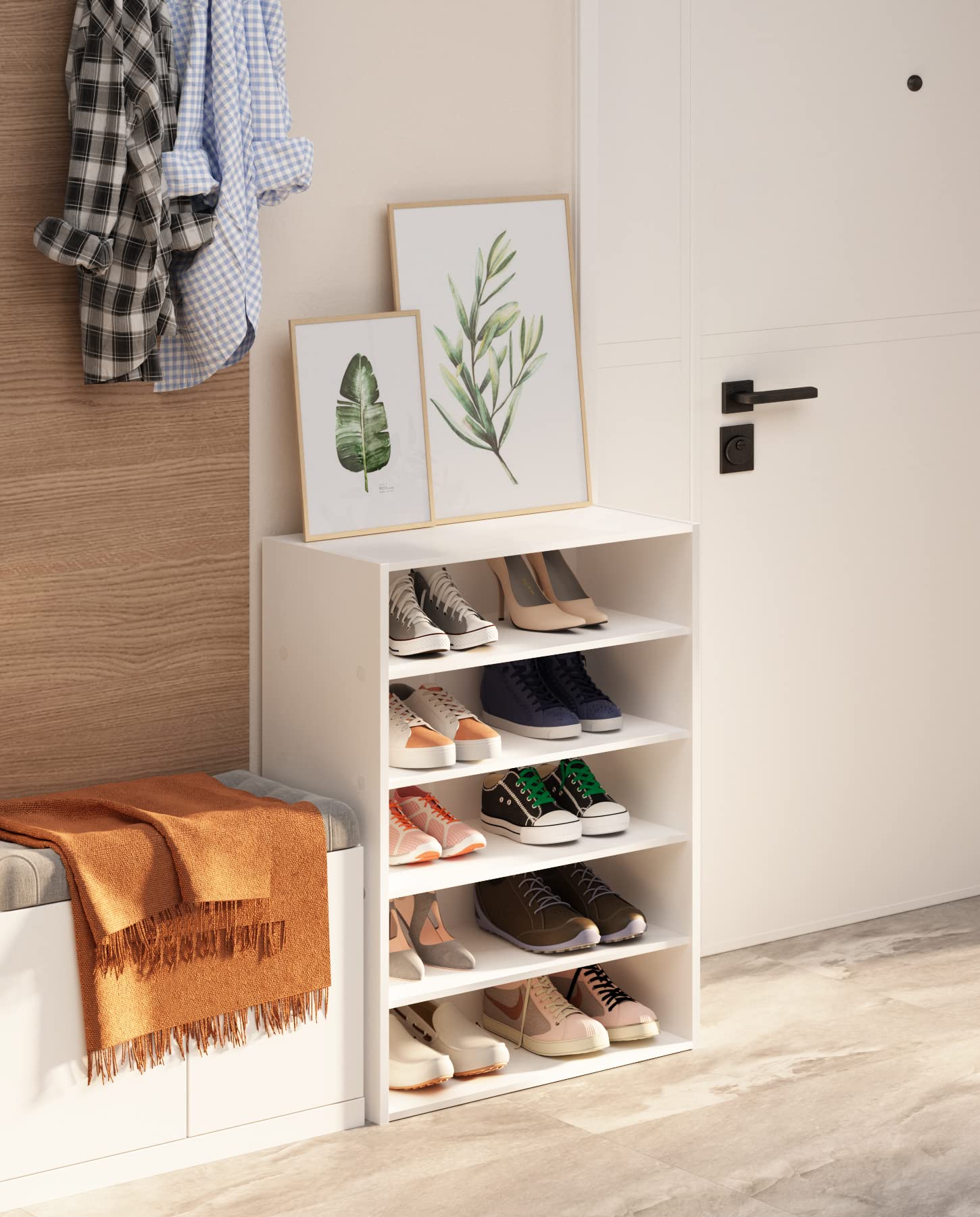 HAIOOU 5-Tier Stackable Wooden Shoe Rack Organizer - Free Standing Shoe Storage Stand with Adjustable Shelf for 10-15 Pairs of Shoes - Space Saving Entryway, Hallway & Closet Organizer - Modern White Finish - Ideal for Small Spaces & Apartment Living