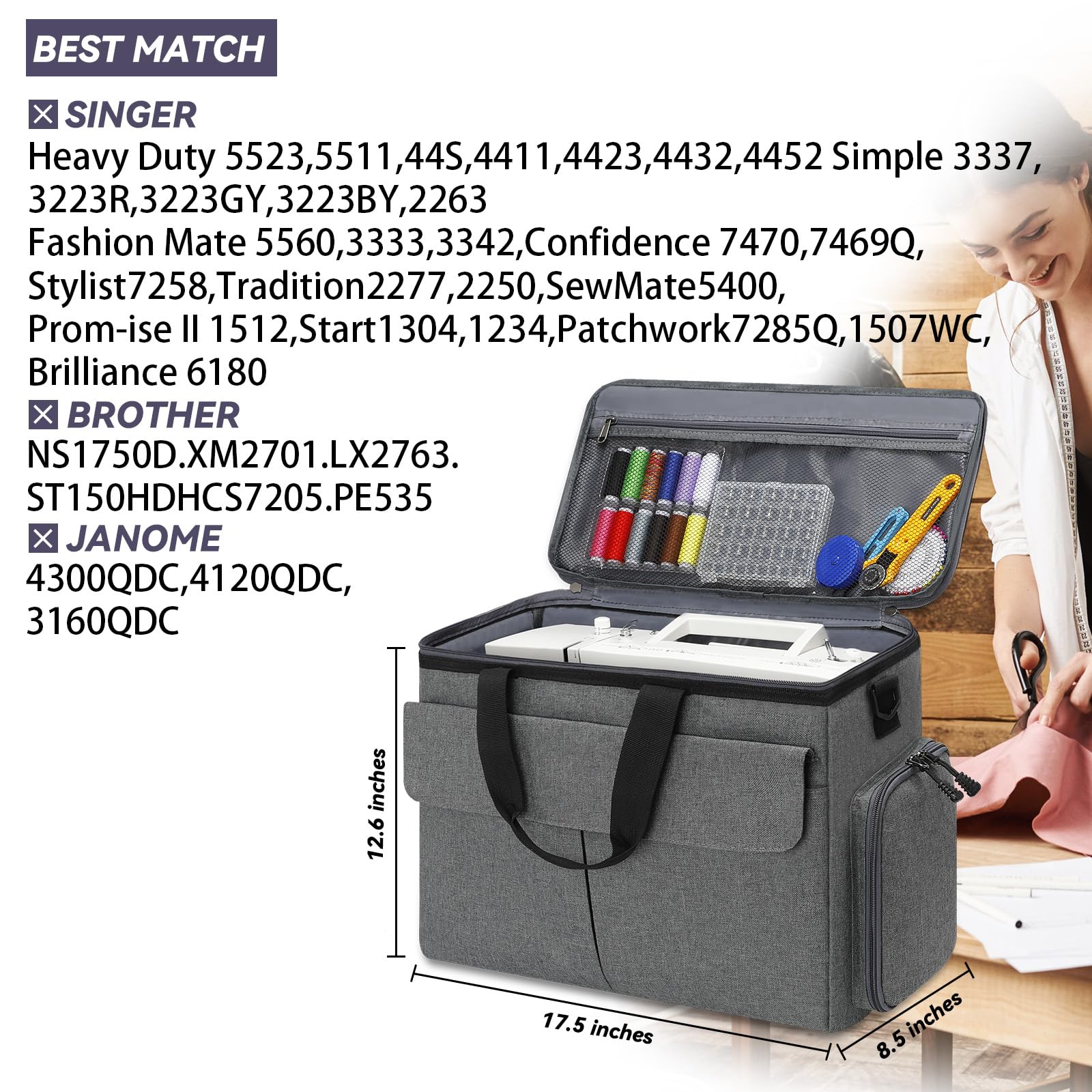 Skureay Universal Sewing Machine Carrying Case with Multiple Storage Pockets & Removable Thick Pad - Durable Tote Bag for Most Standard Sewing Machines and Accessories | Perfect for Sewing Classes, Craft Fairs & Home Storage