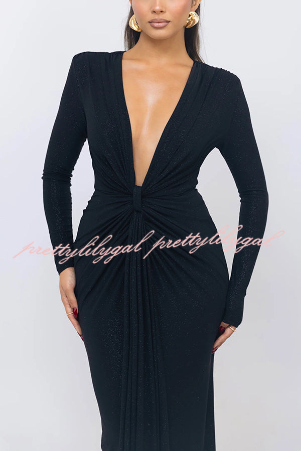 Elegant Solid Color Shiny V-Neck Long Sleeve Ribbon Slit Slim Fit Maxi Dress for Women - Perfect for Evening Parties, Date Nights & Special Occasions