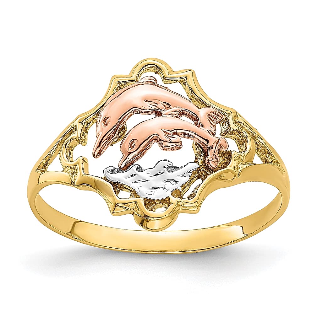 14K Yellow Gold Double Dolphin Ring - Size 6.00 - Rose Gold Sea Life Jewelry for Women - Perfect Gift for Her - Ideal for Beach Weddings, Anniversary Gifts & Ocean Lovers