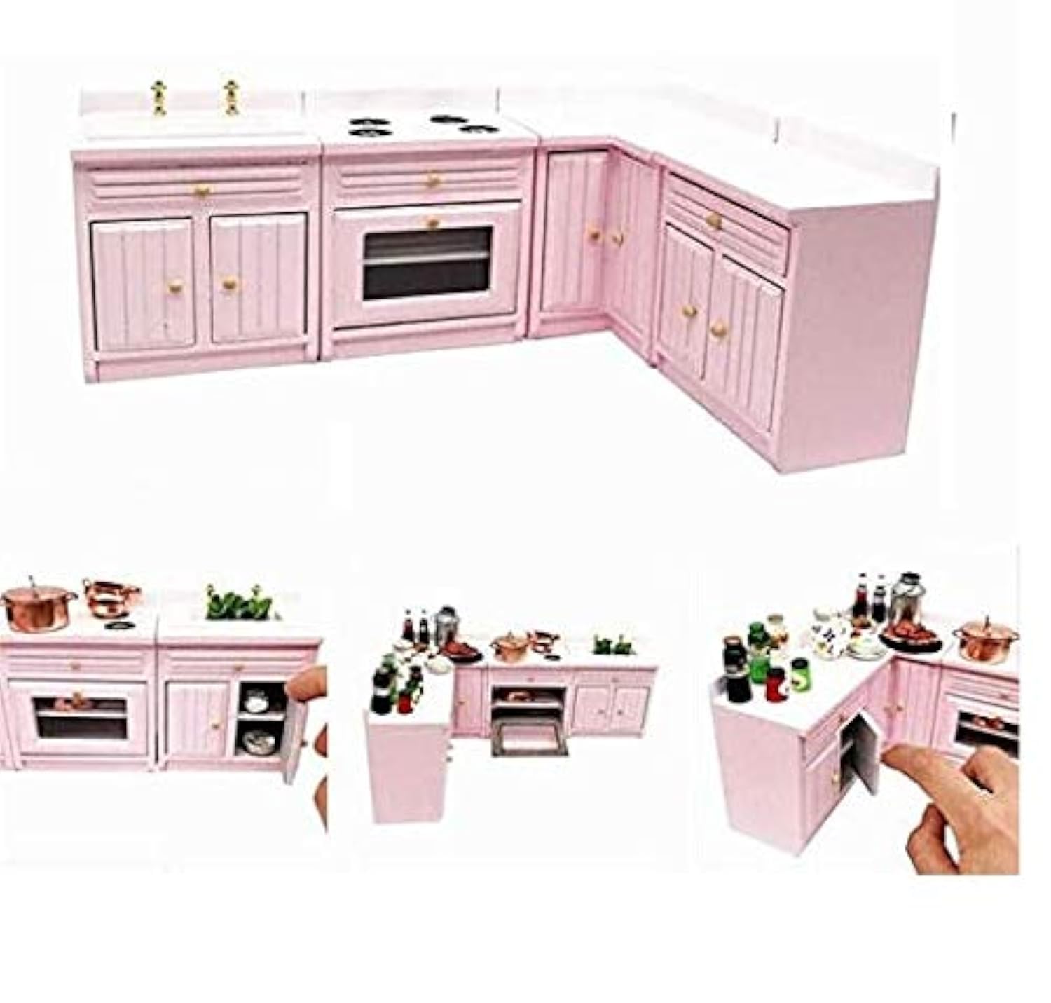 1:12 Scale Dollhouse Miniature Furniture - Pink Wooden Kitchen Cabinet Set with Sink & Countertops | Deluxe Miniature Kitchen Accessories for Dollhouse Decor | Perfect for Dollhouse Displays, Miniature Collectors & DIY Projects