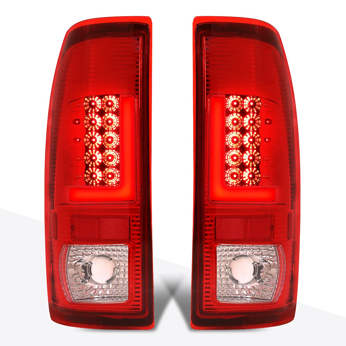 PM PERFORMOTOR L-Shape 3D LED Tail Lights Brake Lamps Assembly for 1997-2007 Ford F250 F350 F450 F550 Super Duty - Chrome Housing with Red Lens - Upgrade Your Truck Lighting for Better Visibility & Style