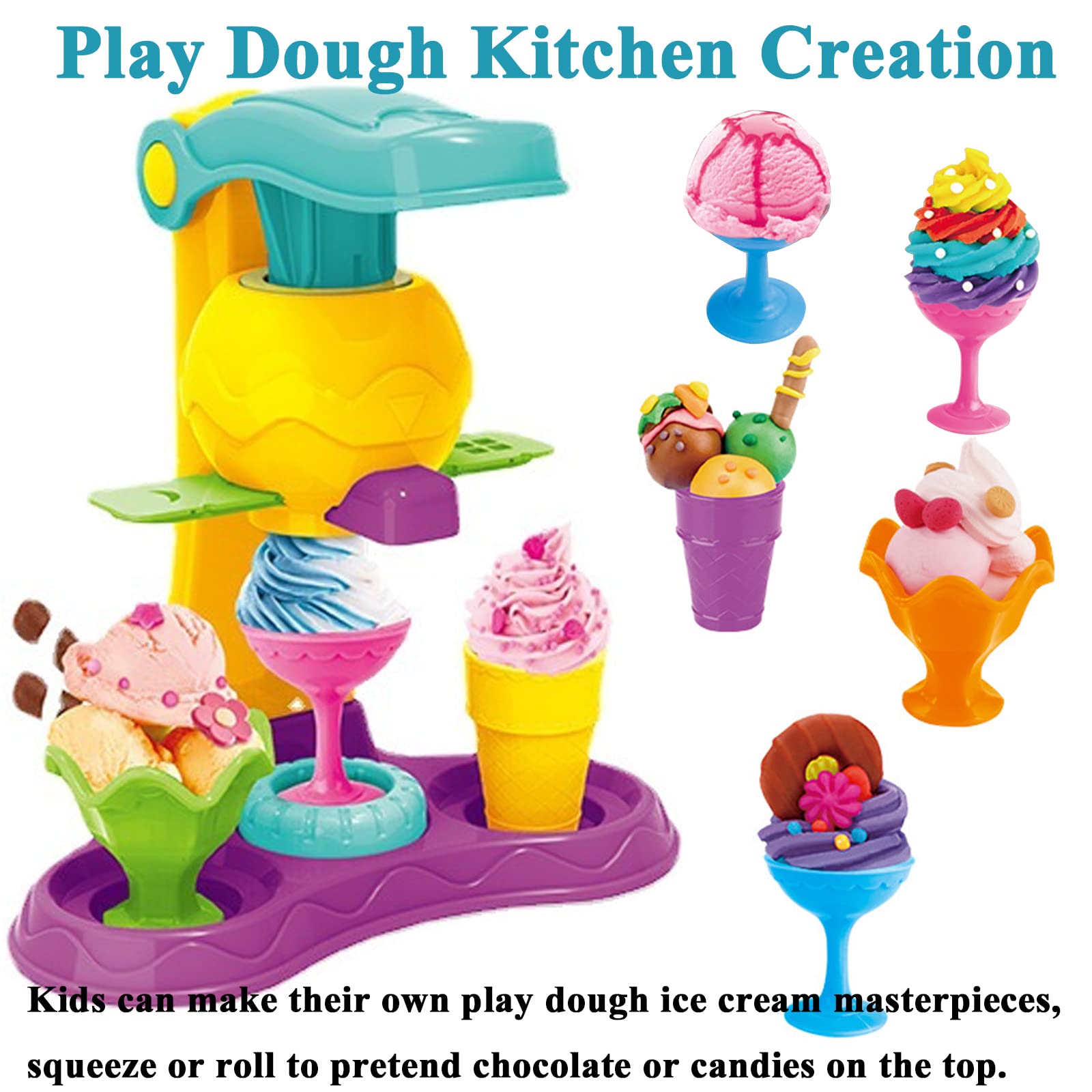 Colorful Ice Cream Play Dough Set - 21Pcs Kitchen Creations & Ice Cream Truck Maker with Clay Dough Tools - Creative Pretend Play Toy for Kids, Girls & Boys - Perfect for Birthday Gifts & Preschool Learning Activities