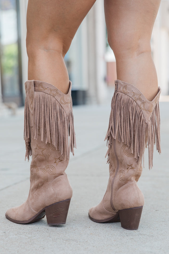 Stylish Suede Fringe & Star Embellished Boots in Warm Taupe - Women's Western Ankle Boots for Fall & Winter Fashion | Perfect for Parties, Concerts and Casual Outings