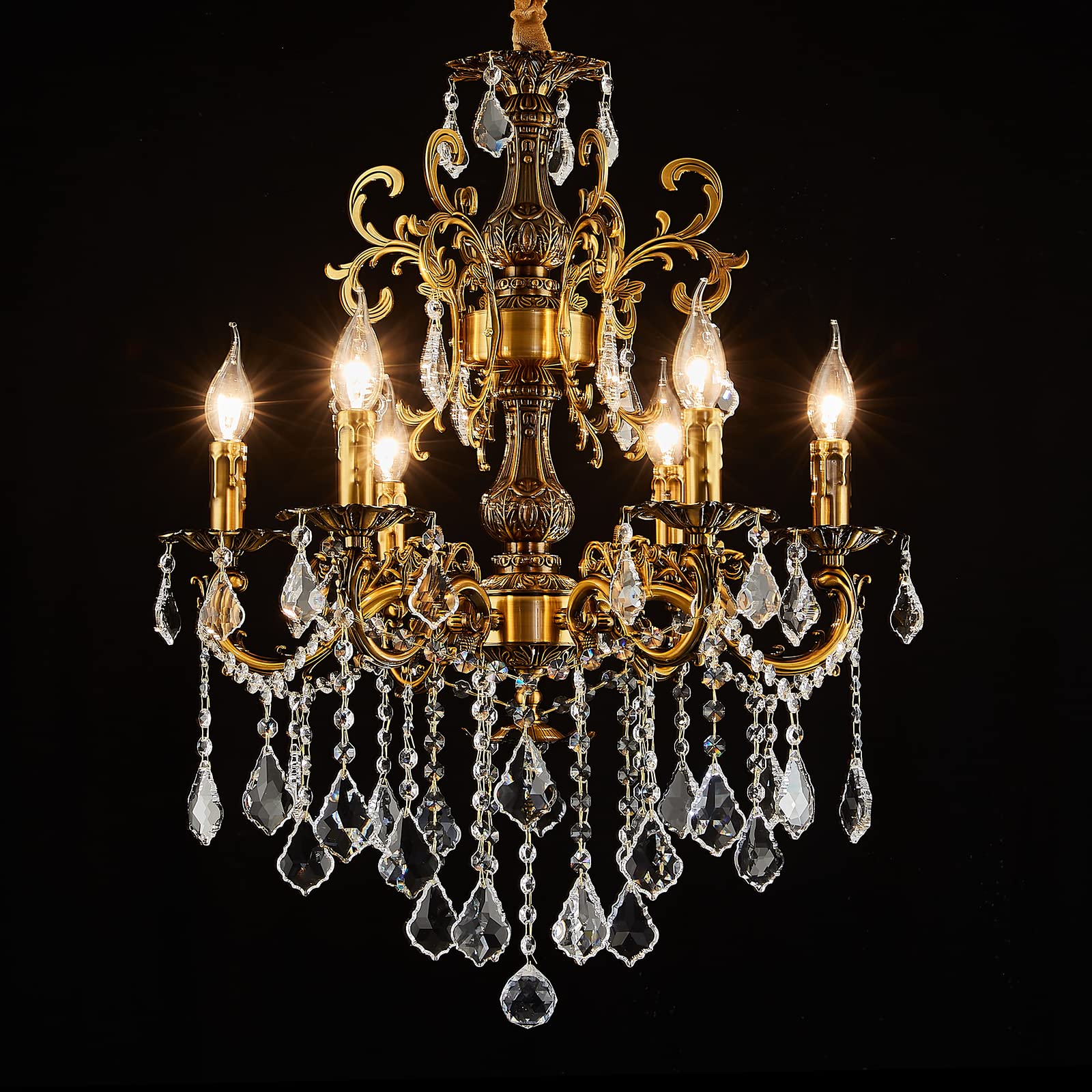 6-Light Classic Crystal Chandelier with Antique Gold Finish - Elegant Candle-Style Lighting Fixture for Dining Room, Living Room, Bedroom & Entryway | Perfect for Vintage Home Decor and Romantic Ambiance