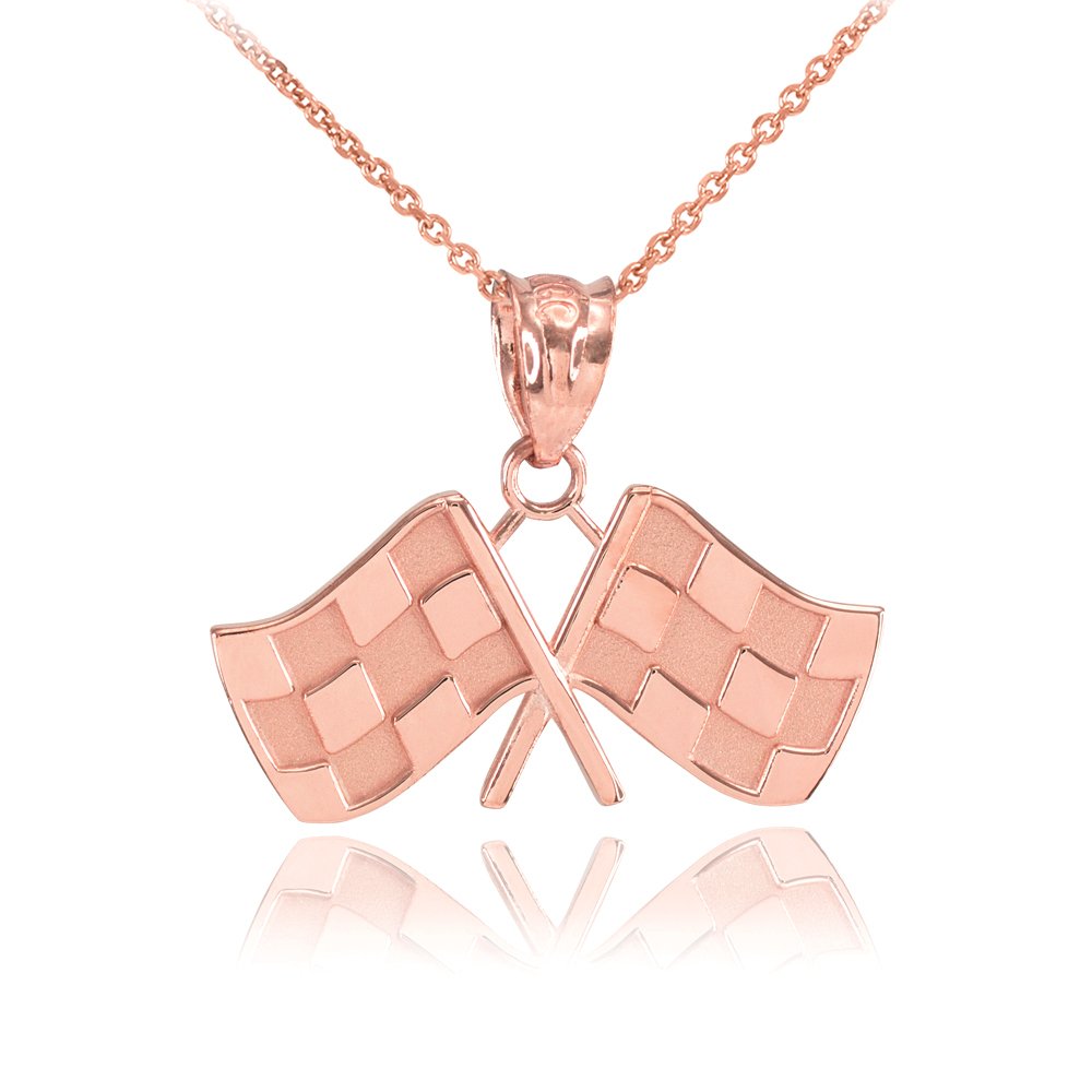 10K Rose Gold Racing Flags Charm Pendant Necklace for Women - Dainty Car Racing Jewelry Gift for Her - Perfect for Race Day, Birthday & Anniversary Celebrations