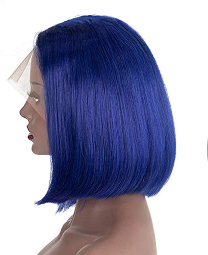 Brazilian Blue Human Hair Bob Wig 13x4 Lace Front for Women - 10 Inch Pre Plucked Silky Straight Middle Part with Baby Hair, 180% Density, Bleached Knots, HD Transparent Lace - Perfect for Cosplay, Parties, and Daily Fashion Styling
