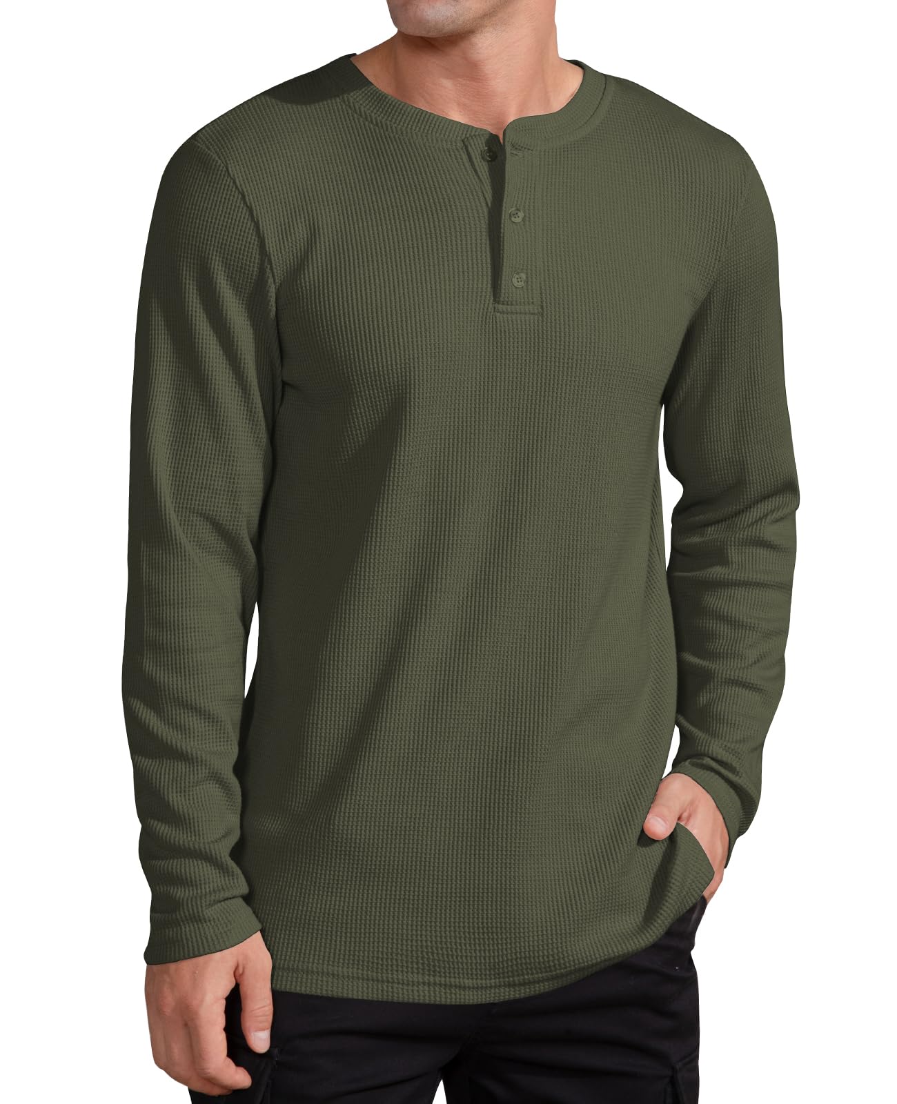 QUALFORT Men's Waffle Long Sleeve Henley Shirt - Soft Thermal Knit Top for Casual Wear, Outdoor Activities & Layering in Fall/Winter
