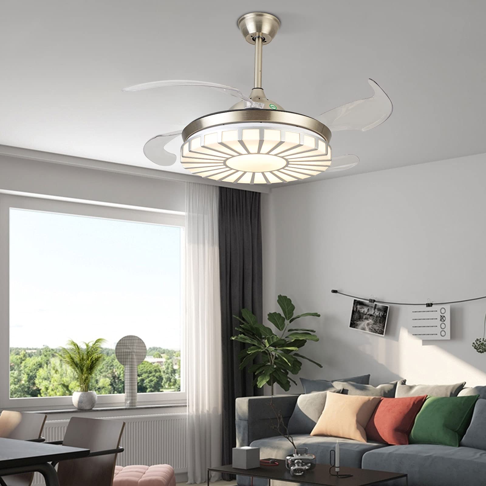 42'' Retractable LED Ceiling Fan with Light - 3 Color & 3 Speed Adjustable, Remote Control, Modern Acrylic Design, Ultra Quiet - Perfect for Bedroom, Living Room, Dining Room - Energy Efficient Cooling & Stylish Lighting Solution