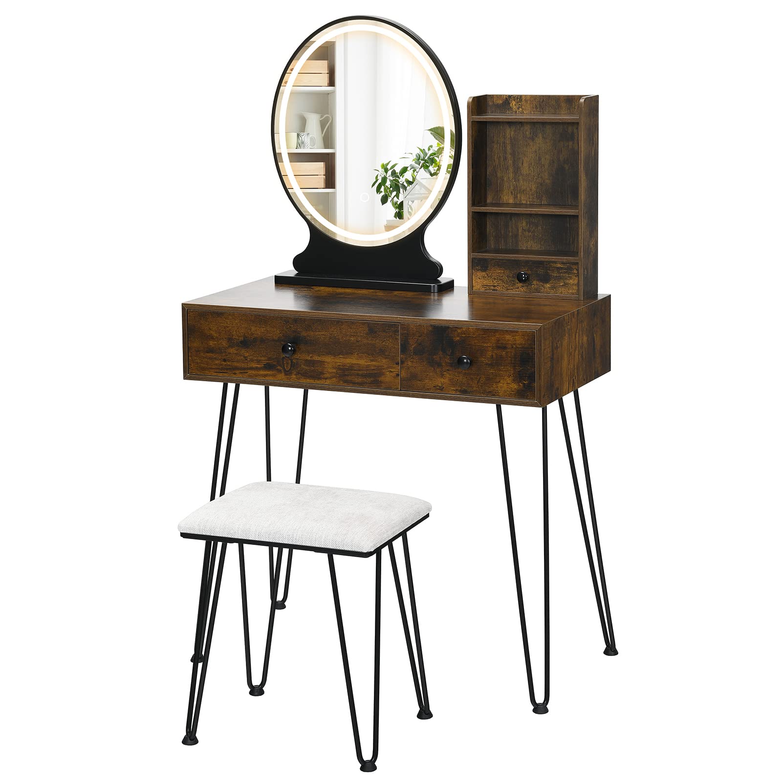 Charmaid Makeup Vanity Table with LED Lights - 3 Drawers & Shelves, Adjustable Brightness, Dressing Desk with Stool - Perfect for Women & Girls Bedroom, Beauty Salon (Rustic Brown)