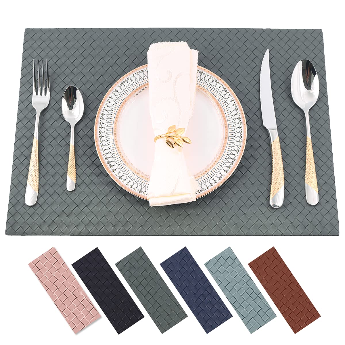 Non-Slip Faux Leather Woven Placemats Set of 4 - 11.8 x 17 Inches Heat-Resistant & Washable Table Mats for Dining Table Decor (Grey) - Perfect for Everyday Meals, Dinner Parties, and Holiday Gatherings