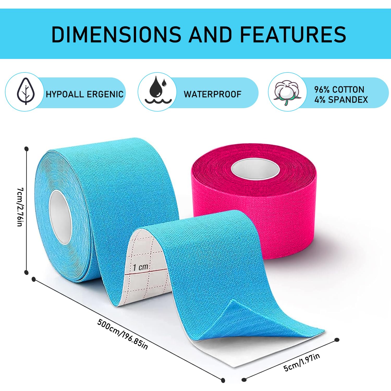 ZSMJAER Kinesiology Tape 2 Rolls (Blue & Pink) - 5m x 5cm Elastic Waterproof Athletic Tape for Shoulder, Knee, Neck & Muscle Pain Relief - Perfect for Sports Recovery, Physical Therapy & Injury Support